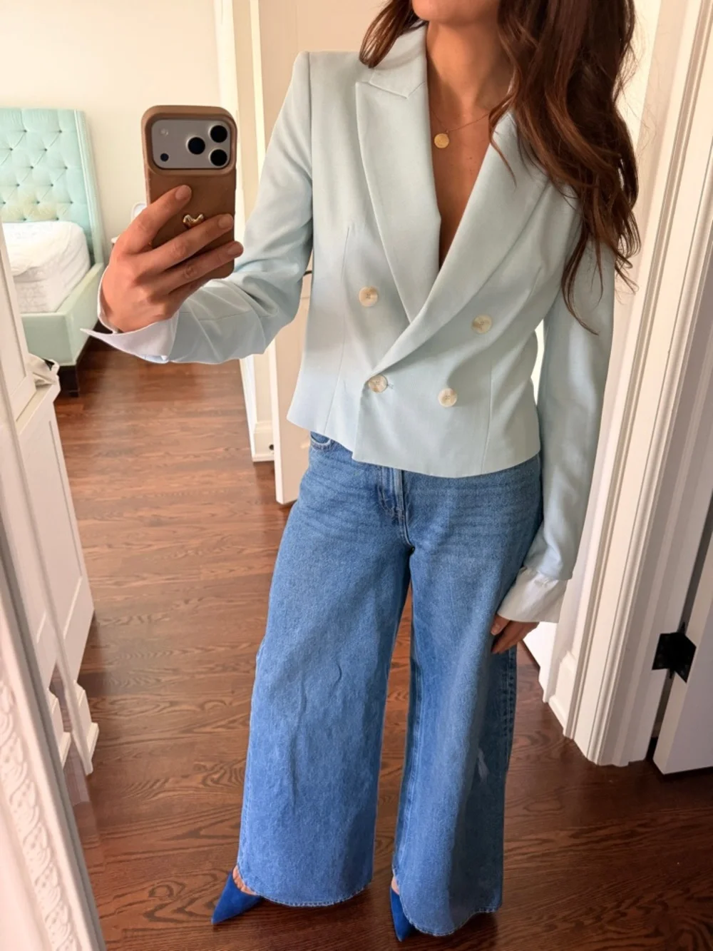 Zara Cropped Double-Breasted Blazer - Pale Blue - Picture 3 of 15
